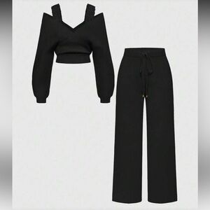 NWT SIZE XL ROMWE Casual Lace Strap Wide-Leg Pants Knit SweaterTwo Piece SET